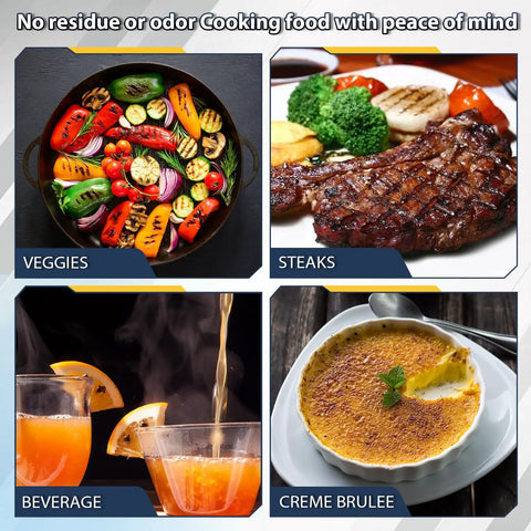 Collage of grilled veggies, steak, beverage, and crème brûlée cooked with Pro Grade Propane Gas Cylinders 14.1 Oz Pack Of 2 Go-To Fuel.