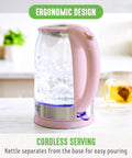 1.7 Liter Glass Electric Kettle With Fast Heat And Easy One Touch Start No Fuss Filtered Spout For Clean Pour LED Base Auto Shut Off Cordless Serving Great For Tea And Coffee Pink on countertop