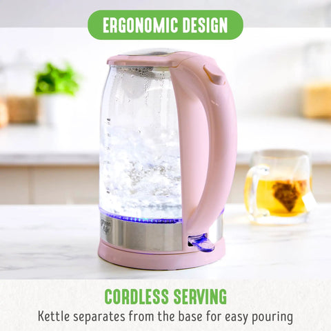 1.7 Liter Glass Electric Kettle With Fast Heat And Easy One Touch Start No Fuss Filtered Spout For Clean Pour LED Base Auto Shut Off Cordless Serving Great For Tea And Coffee Pink on countertop