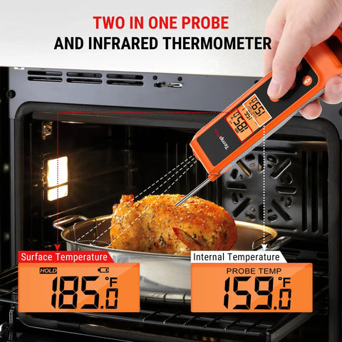 2 In 1 Infrared Thermometer With Meat Probe For Grilling And Cooking, measuring chicken in oven with temperature display