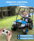 Big Kid Approved 24V Electric Ride On Car Crew Ready 4 Seater Kids Golf Cart With Full Seatbelts Rear Footrests Legit Spacious Setup For Toddlers And Besties, child driving with remote control outdoors.
