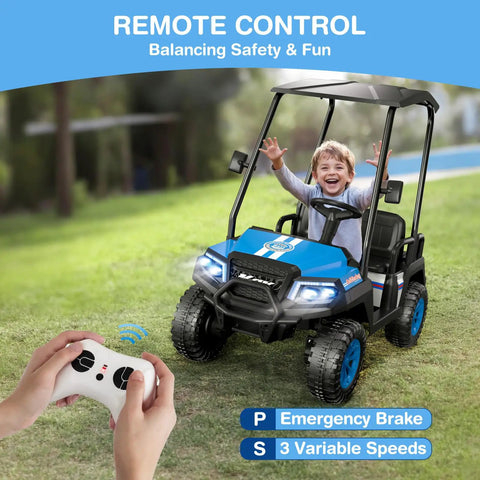 Big Kid Approved 24V Electric Ride On Car Crew Ready 4 Seater Kids Golf Cart With Full Seatbelts Rear Footrests Legit Spacious Setup For Toddlers And Besties, child driving with remote control outdoors.