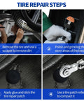 Tire repair steps showing scraper, polishing tool, repair patch application, and tire patch roller usage for Top Shelf 33 Piece Tire Patch Kit.