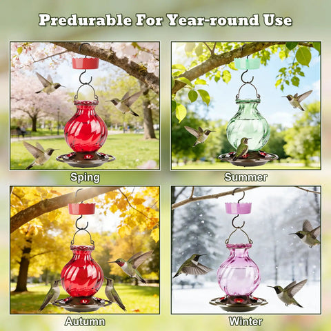 Hummingbird Feeder Glass 26 Ounces Outdoor Hanging With Ant Moat 5 Flower Ports Rustproof And Leakproof Netted Flower Bud Bottle Red US Patent Design Keeps Bees And Ants Out For Real installed in different seasons.