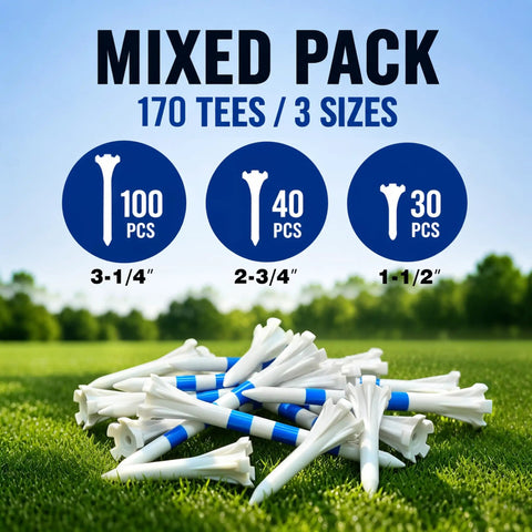 Image of 170 Pack Five Prong Plastic Golf Tees Set In Three Sizes Three And A Quarter Inch Two And Three Quarters Inch One And A Half Inch White