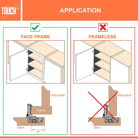 Diagram showing soft close concealed cabinet hinges for face frame cabinets with 1-inch overlay and not applicable for frameless designs.