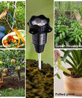 Collage showing 2 In 1 Soil pH And Moisture Tester With 12 Inch Long Probe in use with vegetables, greenhouse plants, fruits, and potted plants