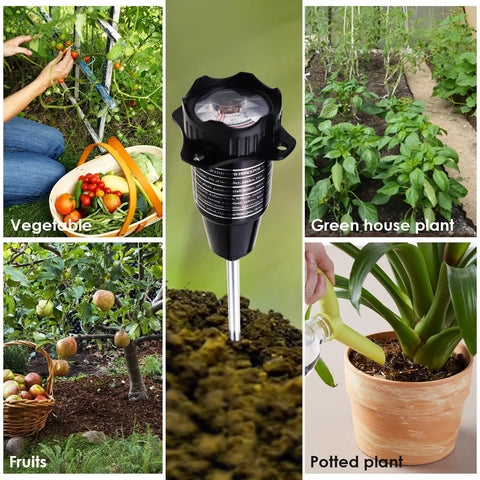 Collage showing 2 In 1 Soil pH And Moisture Tester With 12 Inch Long Probe in use with vegetables, greenhouse plants, fruits, and potted plants
