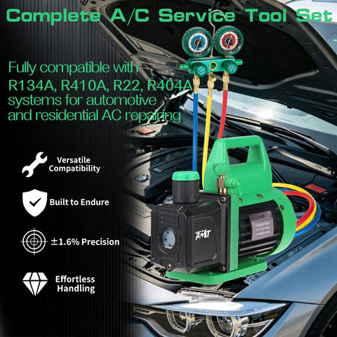 4.5 CFM Vacuum Pump And Gauge Set With Aluminum Manifold Gauge Quick Couplers Two Can Taps 410 Adapter For R134A R410A R22 R404A Refrigerants And AC Maintenance Green on car engine