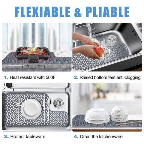 Silicone Kitchen Sink Mat With Raised Feet For Left And Right Drains, Non Slip Heat Resistant Grid Protector in kitchen use