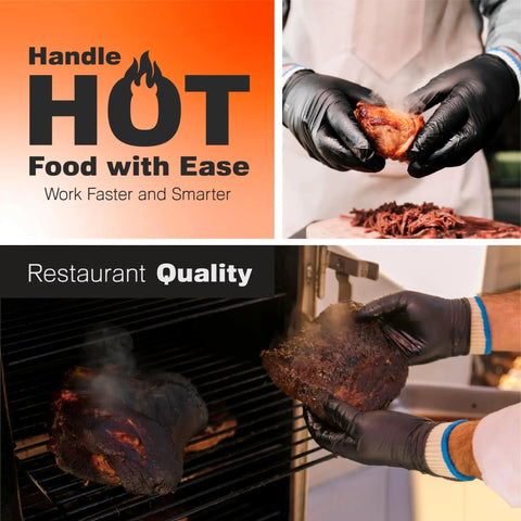 Collage showing Dual Layer Heat Defense BBQ Gloves for Grilling and Cooking non slip nitrile grip and handling hot food.