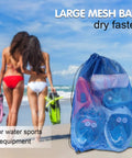 3 Pack Mesh Dive Bags Oversized 19x27 Inch Drawstring Snorkel Gear Bags with beach scene, women holding fins, breathable mesh