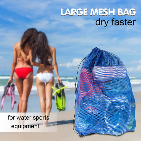 3 Pack Mesh Dive Bags Oversized 19x27 Inch Drawstring Snorkel Gear Bags with beach scene, women holding fins, breathable mesh