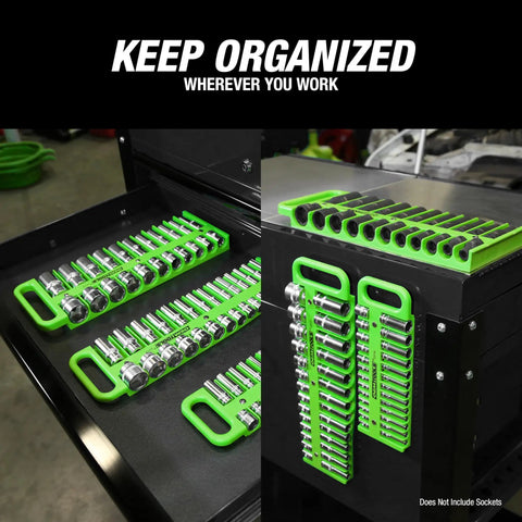 Three Pack Portable Magnetic Socket Organizer Tray For One Quarter Inch, Three Eighth Inch, And One Half Inch Drive Sockets, Holds Up To 76 Sockets, Magnetic, Rugged Green Tray For Toolbox, Garage, Or Shop displayed in use on toolbox.