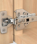Ten Pack Full Overlay Cabinet Hinges With Soft Close For Kitchen Cabinets, mounted on wooden cabinet showing 105 Degree Opening