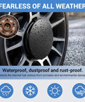 Four Pack Snap On Wheel Center Caps With 60mm Outer And 56mm Inner Diameter To Freshen Up Your Wheels For Universal Car Truck Suv Hub Cover Upgrade In Slick Black Finish on a wet wheel.