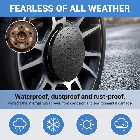 Four Pack Snap On Wheel Center Caps With 60mm Outer And 56mm Inner Diameter To Freshen Up Your Wheels For Universal Car Truck Suv Hub Cover Upgrade In Slick Black Finish on a wet wheel.