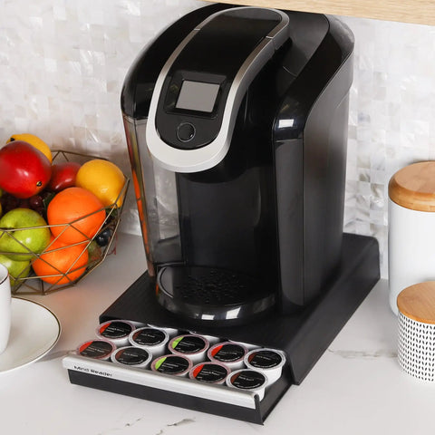 Pod Drawer Organizer For Single Serve Coffee Pods Holds 30 Pods In Five Fixed Rows With Two Inch Spacing Countertop Black 10.5 By 12.75 By 2.5 Inches Keeps Pods Neatly Organized For Quick Grab And Go Access under coffee maker.