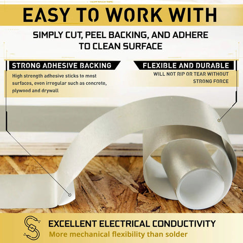 TitanRF Faraday Tape High Shielding Conductive Adhesive Tape Roll One Inch Wide Ten Feet Long with Peelable Backing on wood surface
