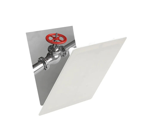 Dead Simple Snap Fit Eight By Eight Inch White Access Panel For Walls And Ceilings showing open access to plumbing valve.