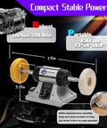 Jewelry Polisher And Buffing Machine With Adjustable Variable Speed Bench Grinder For Jewelry Making And Metal Finishing, Lightweight, Workshop-Ready Tabletop Polisher with dimensions and motor details.