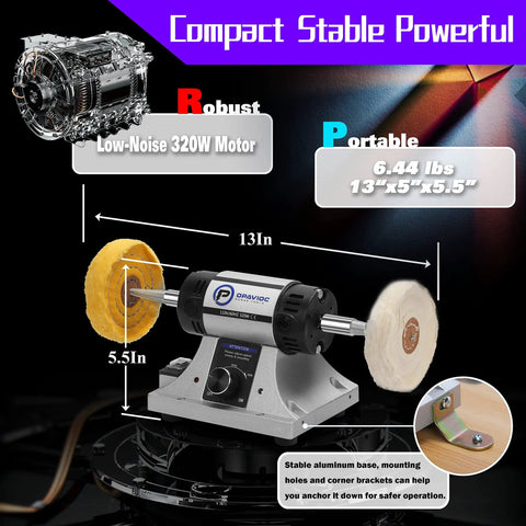 Jewelry Polisher And Buffing Machine With Adjustable Variable Speed Bench Grinder For Jewelry Making And Metal Finishing, Lightweight, Workshop-Ready Tabletop Polisher with dimensions and motor details.
