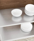 Silver Stainless Steel Contact Paper Easy Peel And Stick Kitchen Backsplash Wallpaper on shelf with white bowls, oil proof