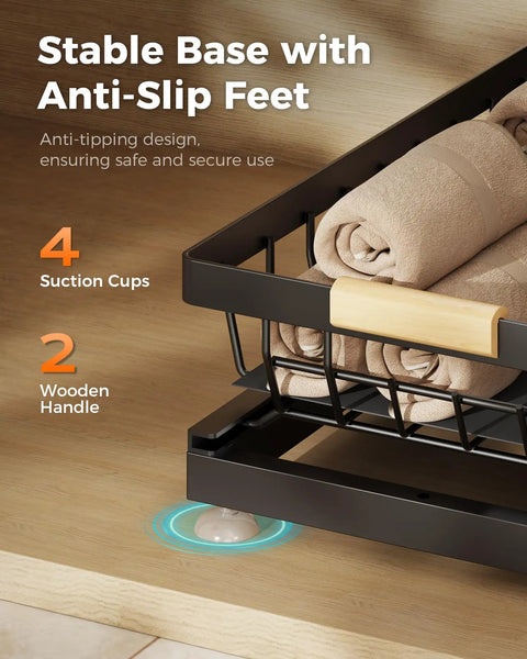 Height Adjustable Two Tier Under Sink Organizer Heavy Duty Storage Rack For Kitchen And Bathroom Cabinets with anti-slip feet and wooden handle.