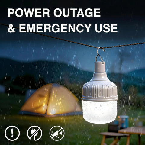 Go To All Night Camping Lantern Dimmable 8800mAh LED Light hanging in rain near tent, showing waterproof design.