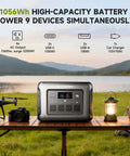 R1500 LITE Solar Generator With 1056Wh LiFePO4 Battery and 100W Foldable Solar Panel on camping table outdoors