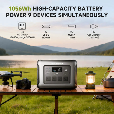 R1500 LITE Solar Generator With 1056Wh LiFePO4 Battery and 100W Foldable Solar Panel on camping table outdoors
