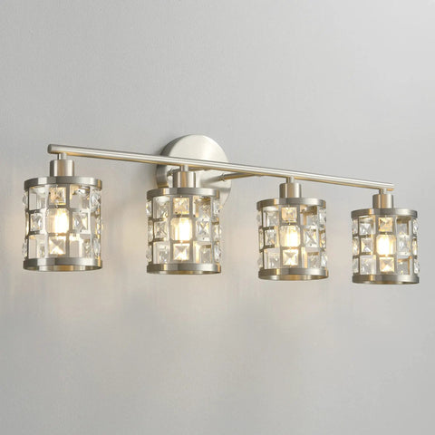 4 Light Bathroom Vanity Light Fixture Over Mirror In Brushed Nickel With Cylinder Crystal Shade Sleek Dope Modern Bath Lighting