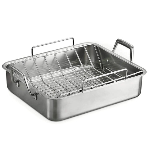 Deep Stainless Steel Roasting Pan With Basting Grill And V Rack For Oven 16.5 Inch Turkey Roaster Dishwasher Safe Made In Brazil
