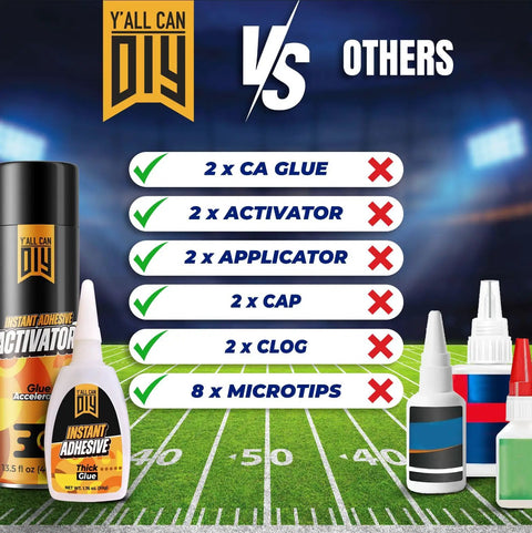 Ultra Strong Instant Glue With Activator Set Pro Grade comparison showing included items vs others on football field.