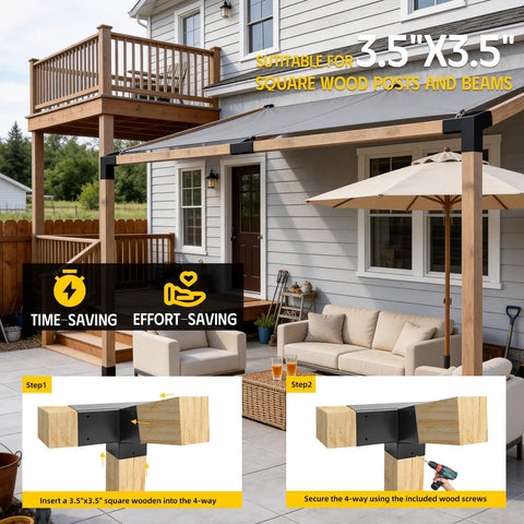 4Pack 4 Way Slanted Roof Corner Brackets For 4x4 Lumber, 15 Degree Right Angle Brackets For Pergolas Gazebos Porches, Heavy Duty Galvanized Steel With Matte Black Powder Coat, Tough As Nails And Easy Install