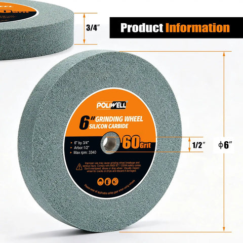 Heavy Duty Six Inch Sixty Grit Silicon Carbide Grinding Wheel with 1/2 inch arbor for bench grinders and metal polishing.