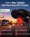 Real Time Bike GPS Tracker Tail Light With Apple Find My Compatibility mounted on a bike at dusk, highlighting light modes and features