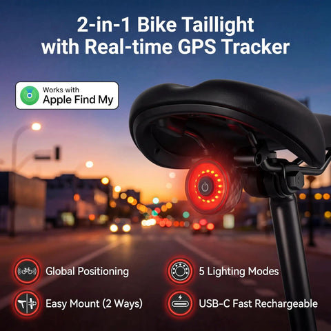 Real Time Bike GPS Tracker Tail Light With Apple Find My Compatibility mounted on a bike at dusk, highlighting light modes and features