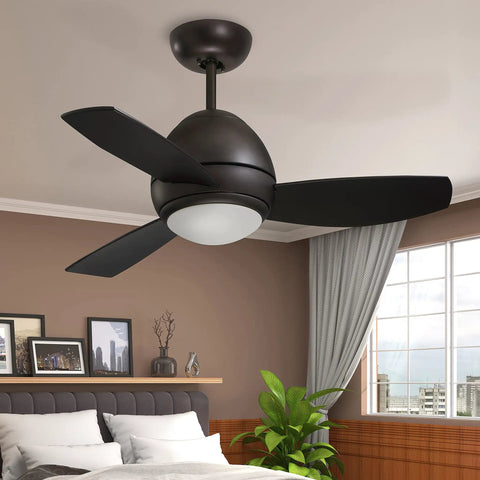 Dope Outdoor Ceiling Fan With Remote And Dimmable LED Light Kit 44 Inch Bronze Low Profile With Weather Resistant Blades installed indoors.