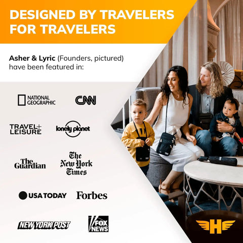 International Travel Power Adapter With Universal Plug For Europe UK US Asia Australia And Over 100 Countries, 2 USB C Ports And 1 USB A Port, Fast Charging, Lifetime Replacement Guarantee shown with founders and media logos