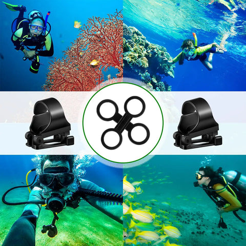 8 Piece Silicone Snorkel Clip Kit For Scuba Gear with quick release mask strap holders and snorkel retainers in underwater scenes