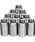 Front view of ten stainless steel thread adapter sleeves, reducing nut 1.75 to M16x2
