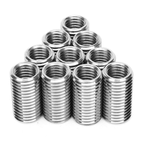 Front view of ten stainless steel thread adapter sleeves, reducing nut 1.75 to M16x2