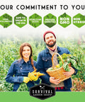 Two people holding a basket and vegetables in a garden promoting 30 Varieties Heirloom Seed Vault Kit For Non GMO Vegetables Herbs And Fruit With 18,500 Plus Seeds Beginner Friendly Home Garden Survival Grow Kit For Year Round Harvest And Prepper Ready.