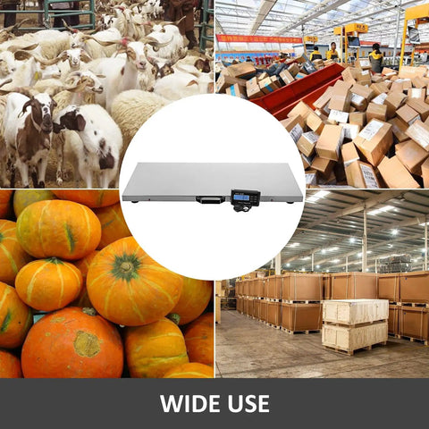 Heavy Duty Digital Livestock Scale With Rock Solid Stainless Steel Platform Built Wide And Sturdy For 1100 LB Pet Weighing And Dead On Postal Shipping Measurements, shown with livestock, produce, and packages.