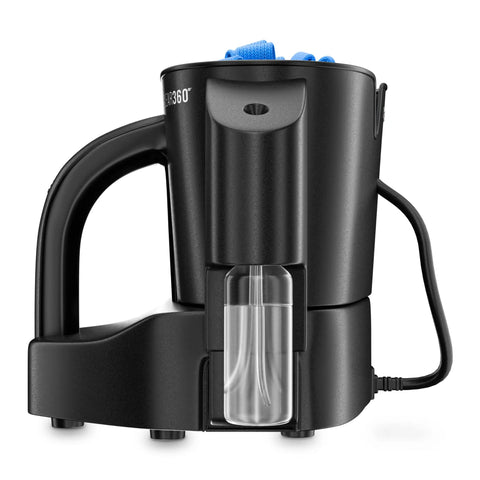 Electric Countertop Glassware Polisher Straight Up Makes Cleaning Your Favorite Tumblers A Total Game Changer side view with blue cleaning pads.
