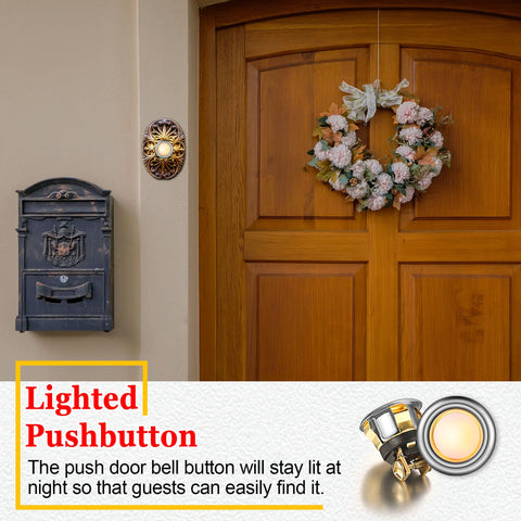 Front door with wreath and mailbox displaying Two Pack Lighted Doorbell Button Replacement For Easy No Fuss Wired Setup Classic Round Rim Button With Lighted Center Silver Finish And Bright Yellow Glow Fits Most Doorbells Simple Install Kit