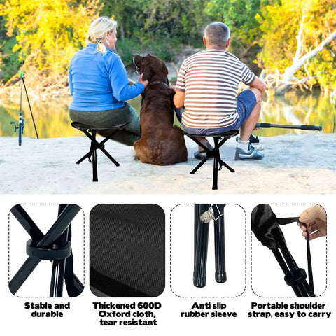 Couple sitting on portable tripod folding camping stool by lake, 14.6 inch seat, supports up to 210 lbs, lightweight black