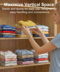 Top Rated Shelf Dividers For Closets And Dressers Compact Six Inch Vertical Blocks with folded clothing in a wooden closet.