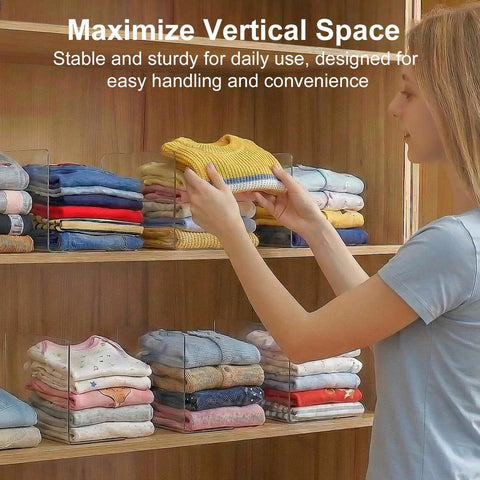 Top Rated Shelf Dividers For Closets And Dressers Compact Six Inch Vertical Blocks with folded clothing in a wooden closet.